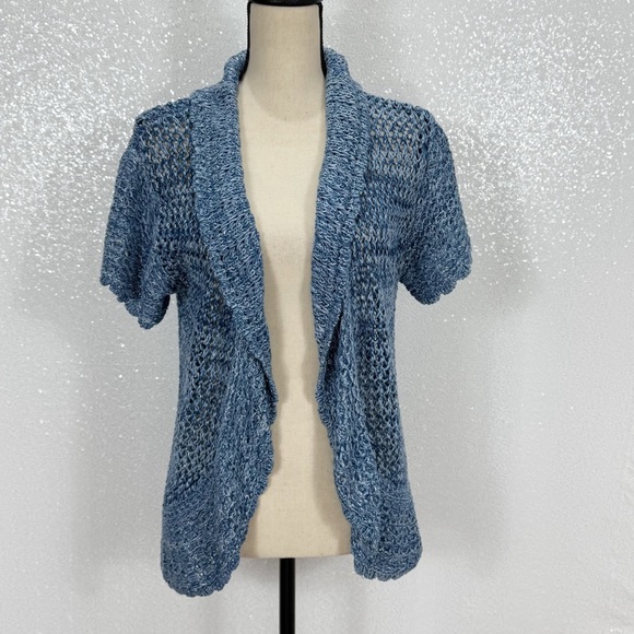 Ruby Rd Blue with silver metallic Short-Sleeve Cardigan knit size small women’s - Picture 2 of 15